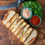 pepperoni bread with fresh mozzarella and dipping sauces