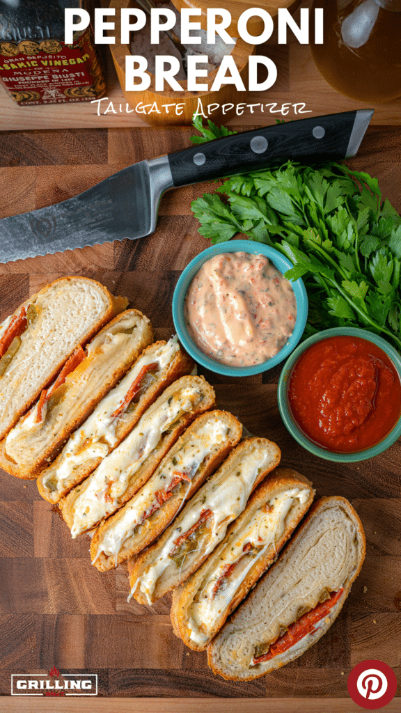 pepperoni bread with dipping sauces for tailgate appetizer
