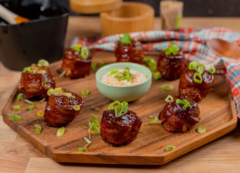 smoked Moink Balls served on a party tray with ranch