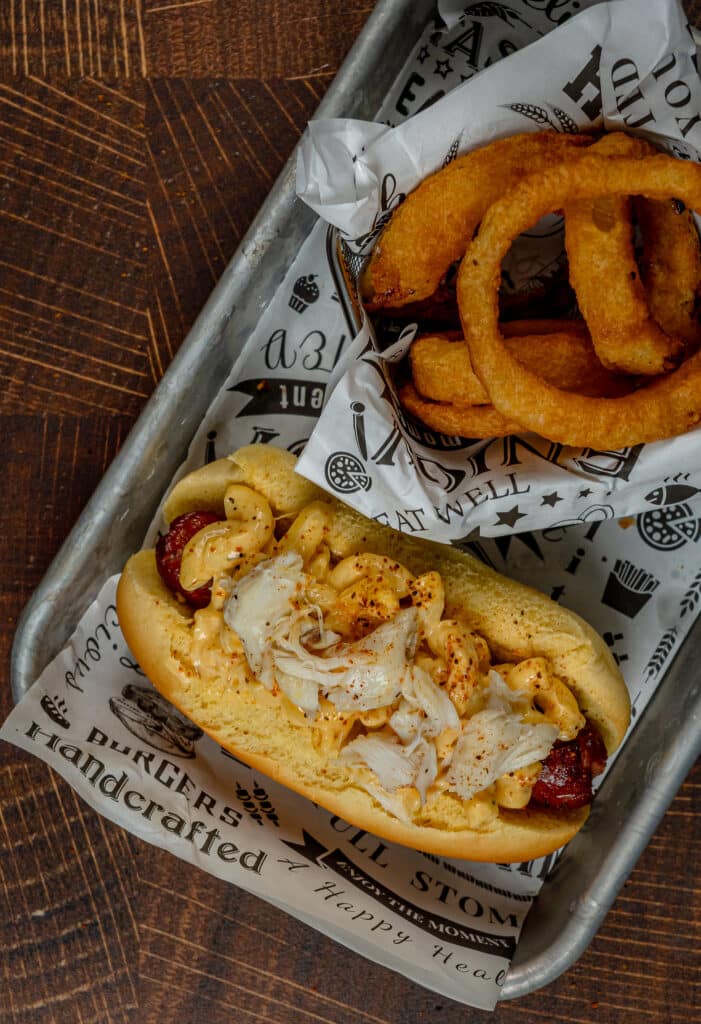 onion rings served with crab hot dog