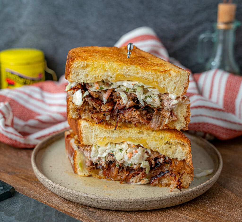 pulled pork grilled cheese with coleslaw