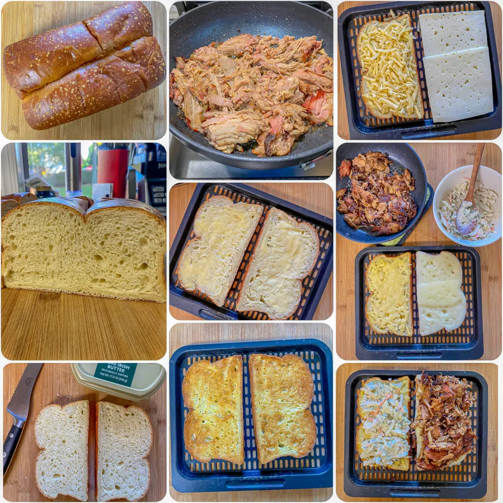 step by step pictures of how to make a pulled pork grilled cheese in the air fryer