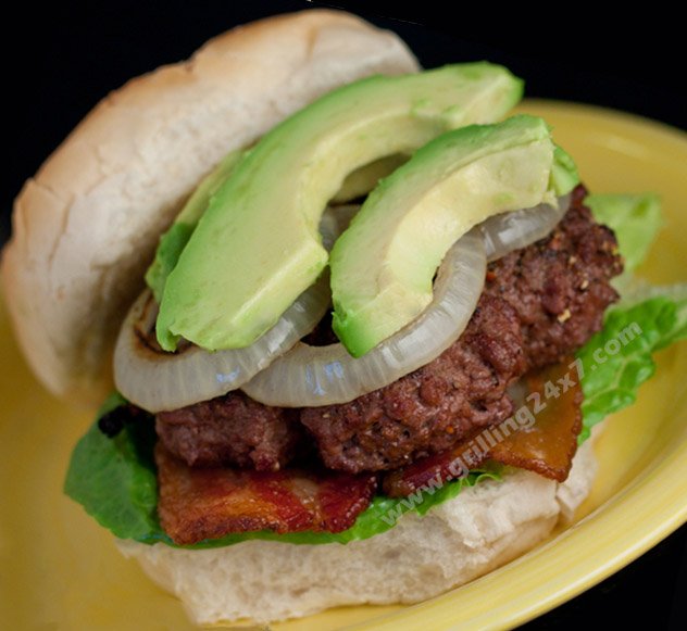 Bacon avocado burger with grilled onions - Grilling24x7.com