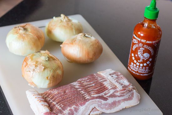 Smoked Bacon Wrapped Onion Ring Recipe w/ Spicy Sriracha Mayo Dipping Sauce- Grilling24x7.com