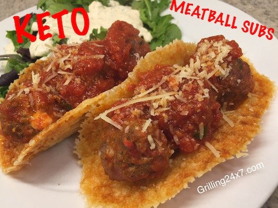 Keto meatball subs using provolone cheese a the bun - Please share on Pinterest
