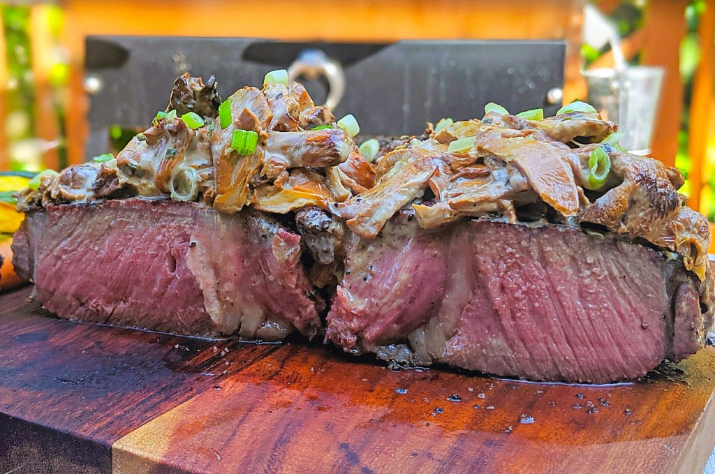 Reverse sear Tomahawk Ribeye with Chanterelle Mushroom cream sauce