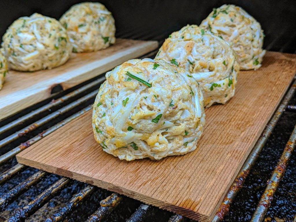 Cedar plank smoked crab cakes