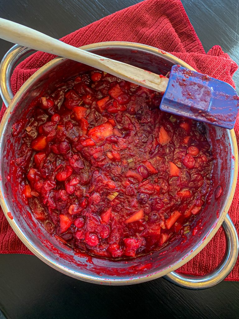 Cranberry apple chutney in a pan