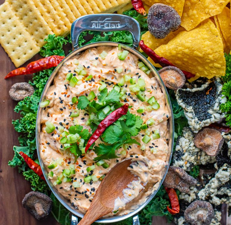 bang bang shrimp dip with crispy seaweed chips and crackers