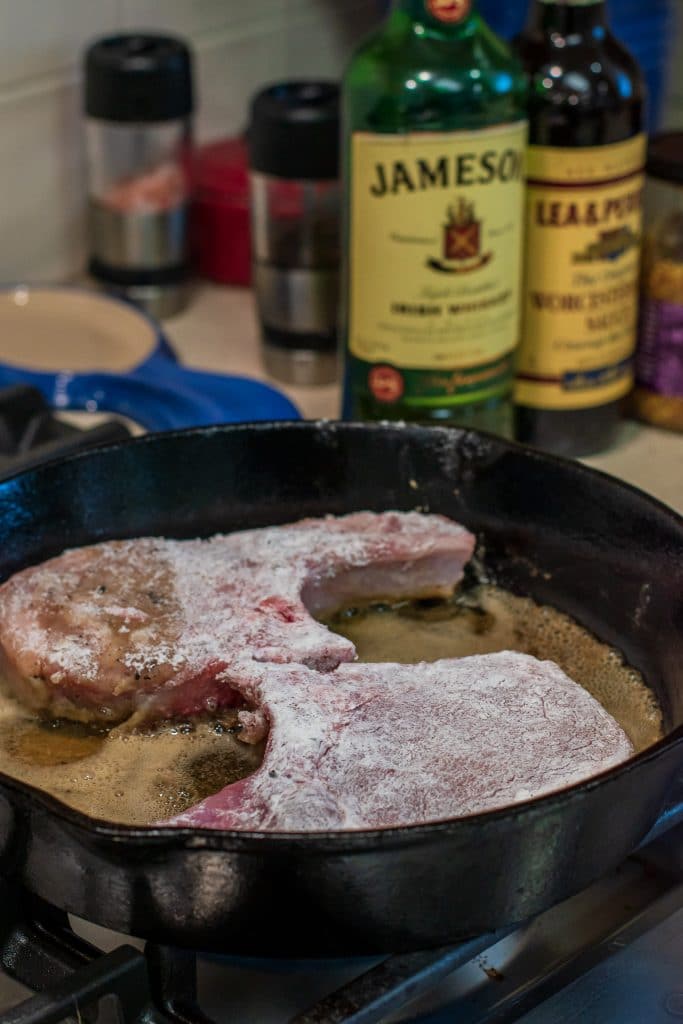 cast iron pork chops coated with potato starch