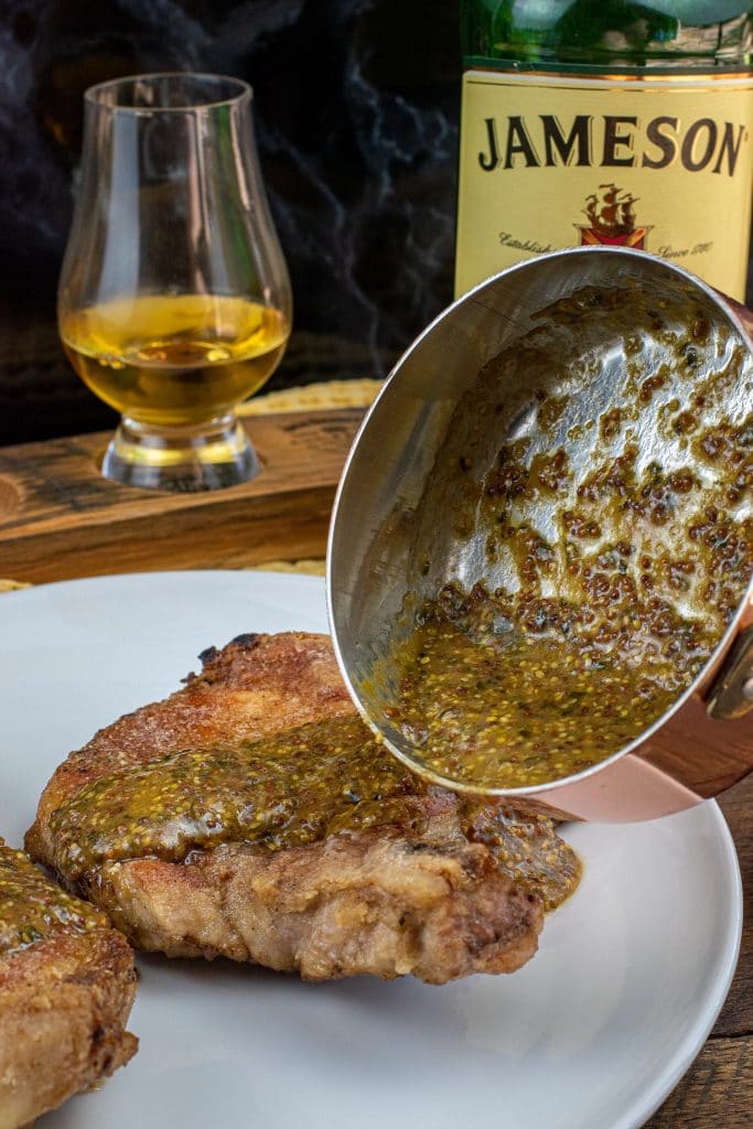 Jameson Irish whiskey mustard glaze over cast iron pork chops