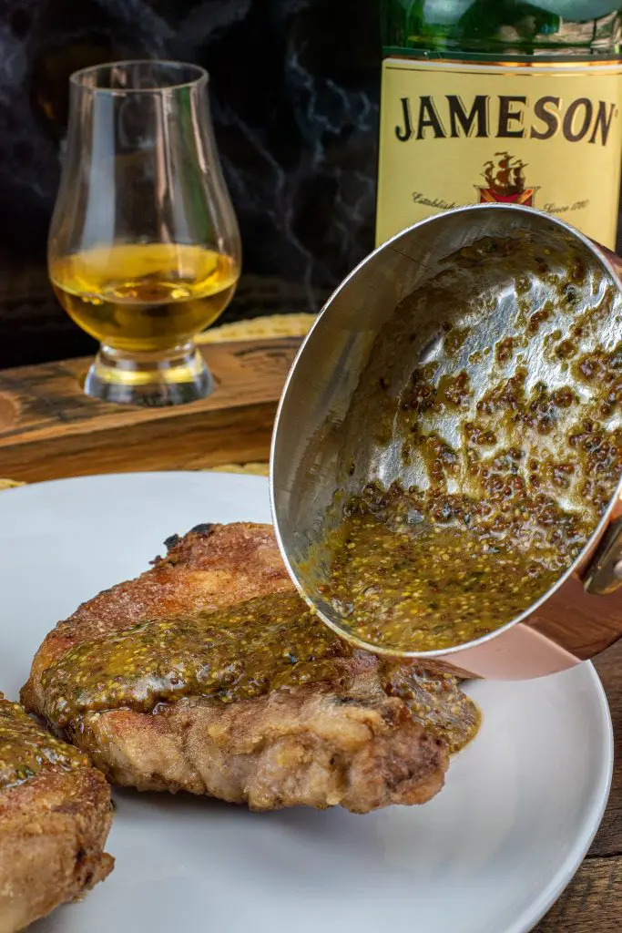Jameson Irish whiskey mustard glaze over cast iron pork chops