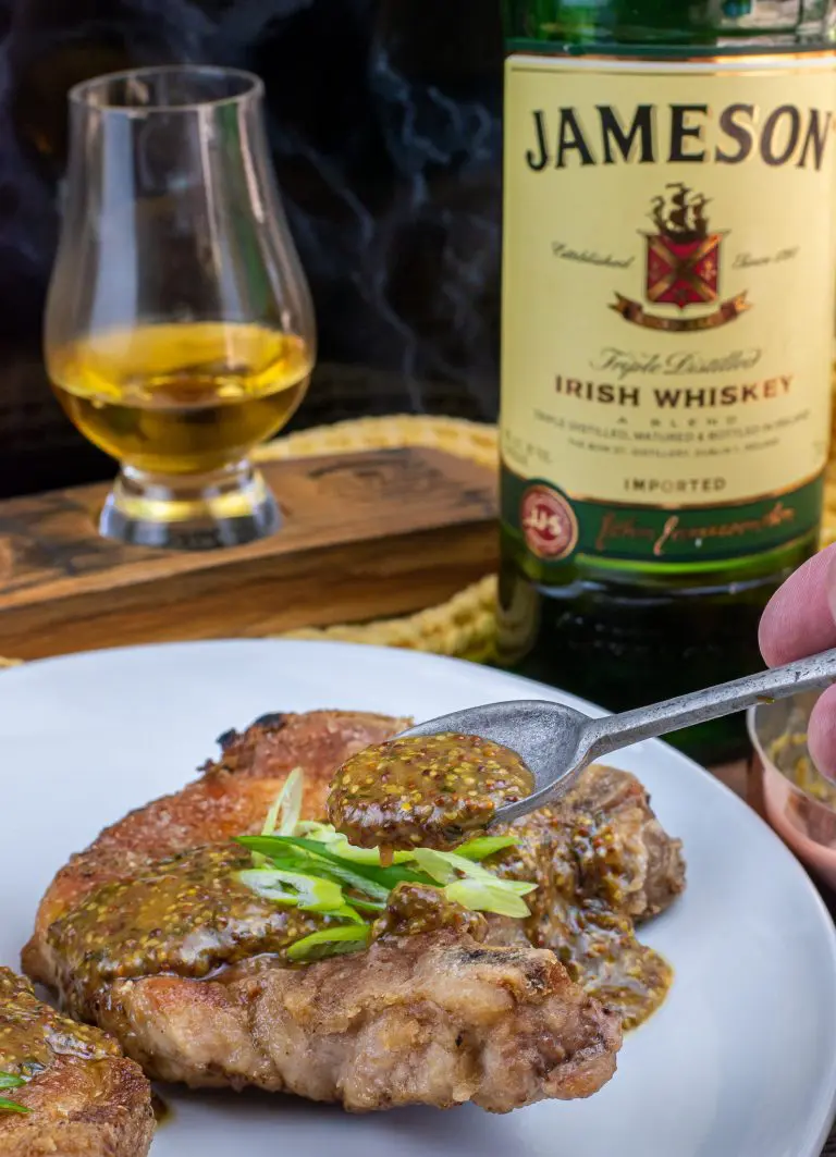 Jameson Irish whiskey mustard glaze over cast iron pork chops