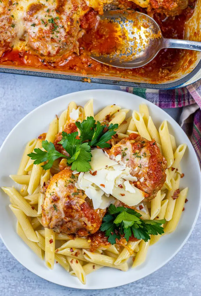 Homemade Meatball Parmesan over Penne pasta