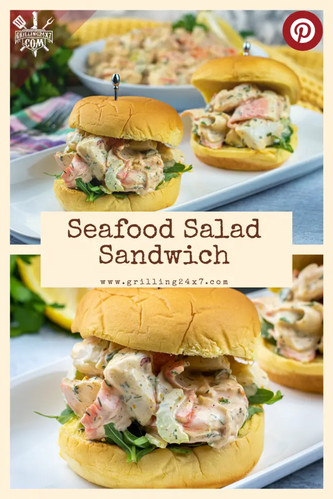 Seafood salad sandwich on a martin's potato roll
