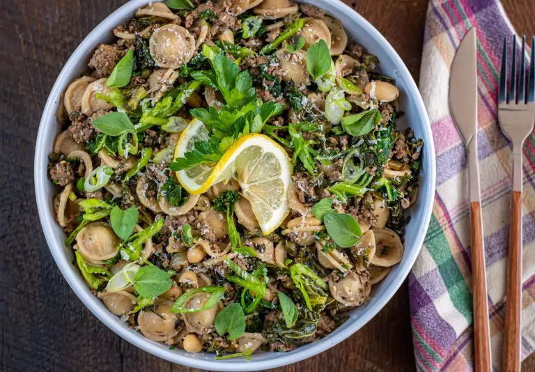 broccoli rabe beef heart with Orecchiette pasta with lemon and capers
