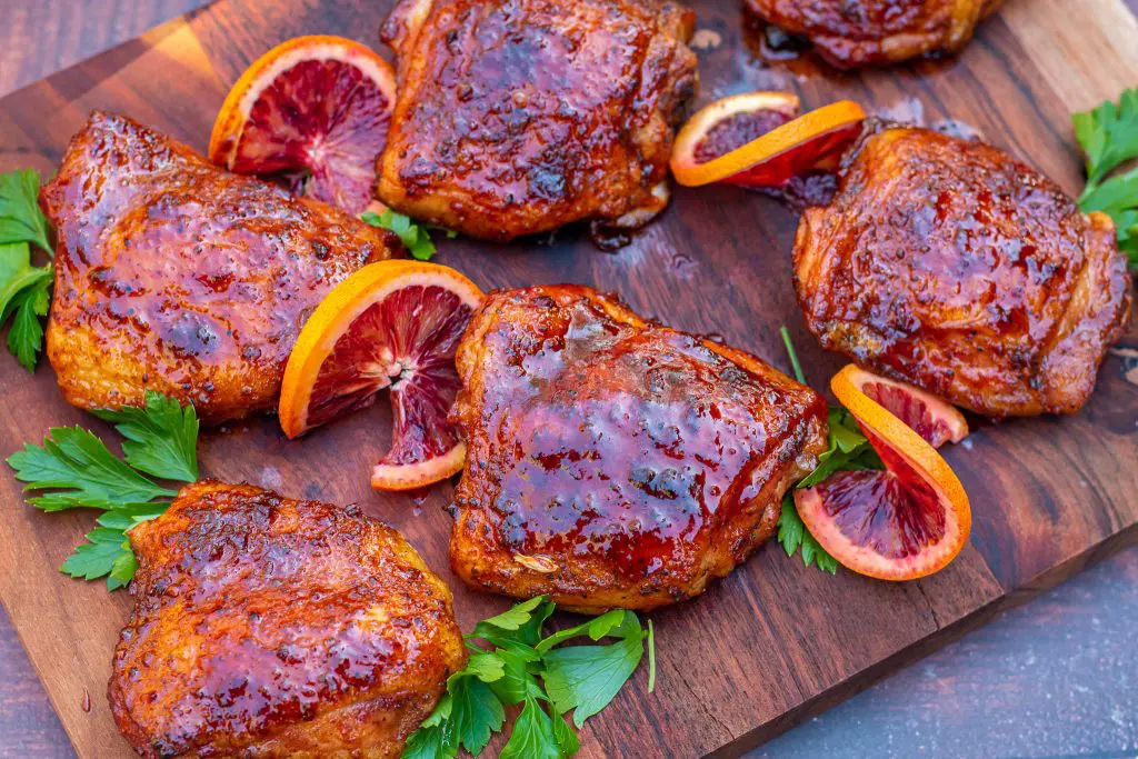 blood orange glaze on pellet grill smoked chicken thighs