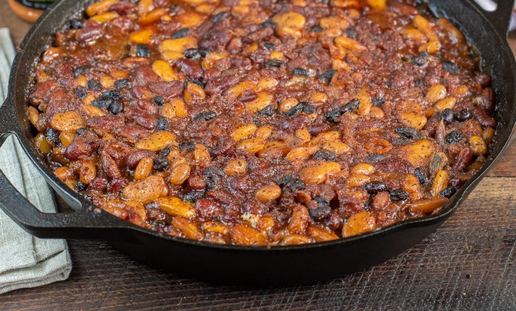 Cast iron smoked barbecue beans