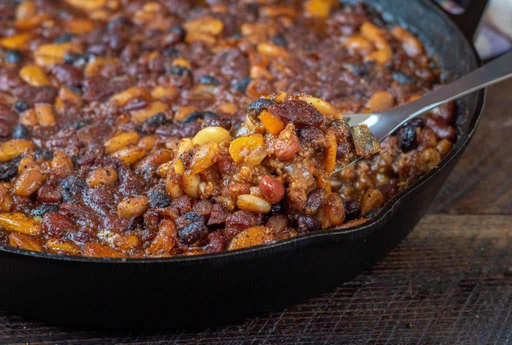 Cast iron smoked barbecue beans