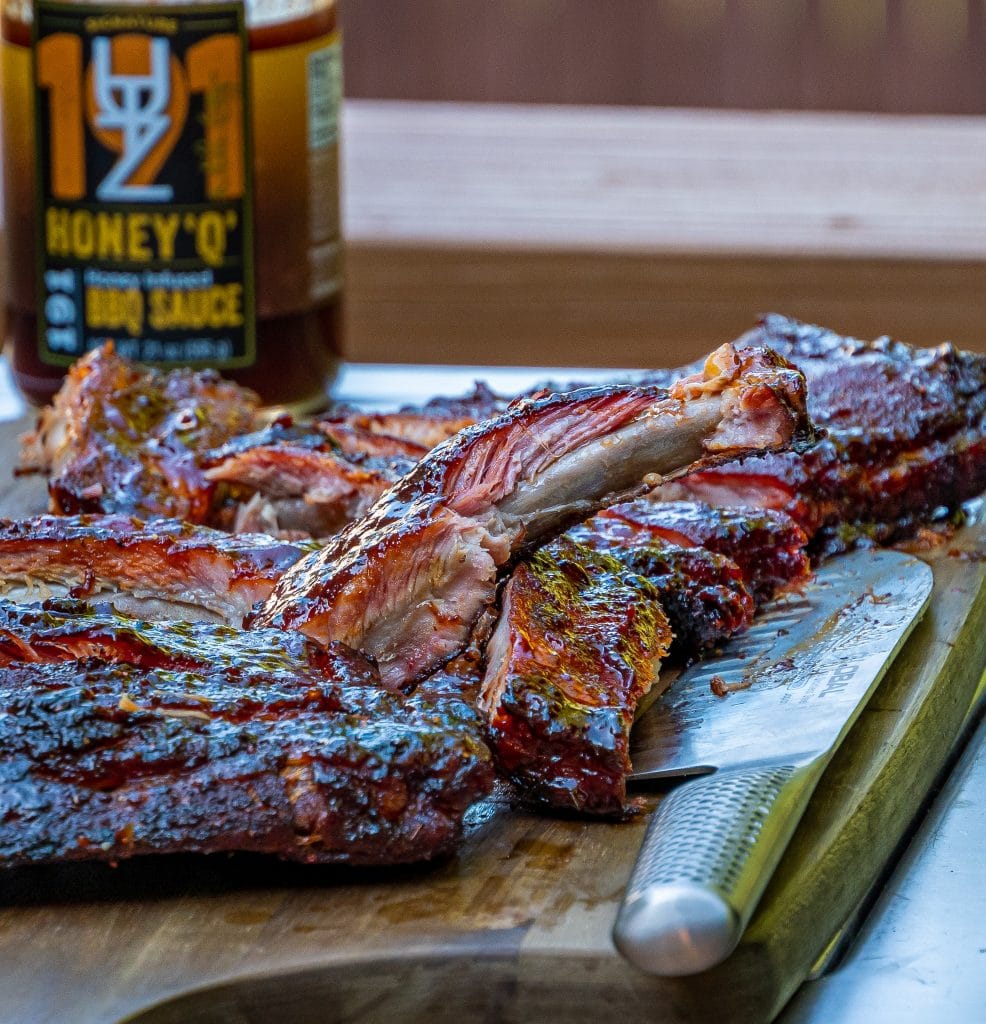 Smoked spare ribs with Utz works honey q bbq sauce