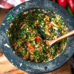 Thai style Chimichurri in a mortar and pestle