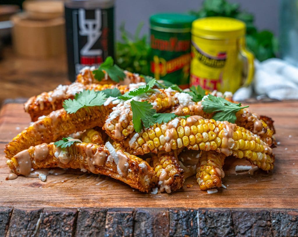 BBQ Dry rub seasoned corn ribs topped with queso fresco