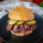 smoked pulled chuck roast sandwich with pickles