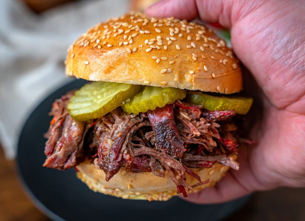 smoked pulled chuck roast sandwich with pickles
