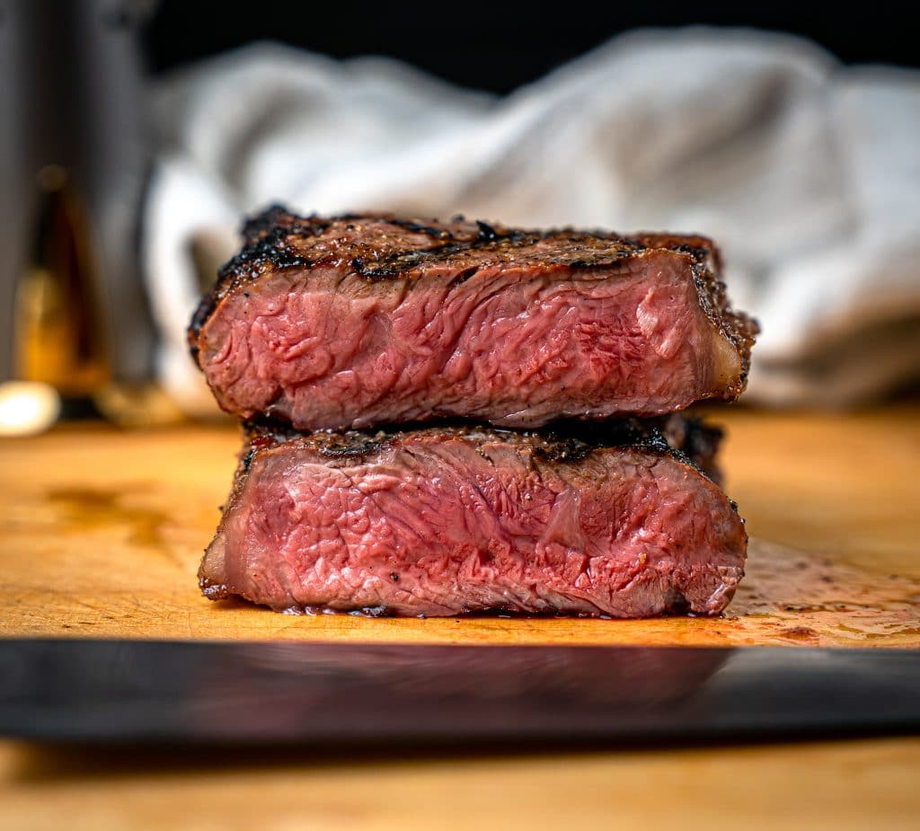 grilled New York strip steak sliced medium rare