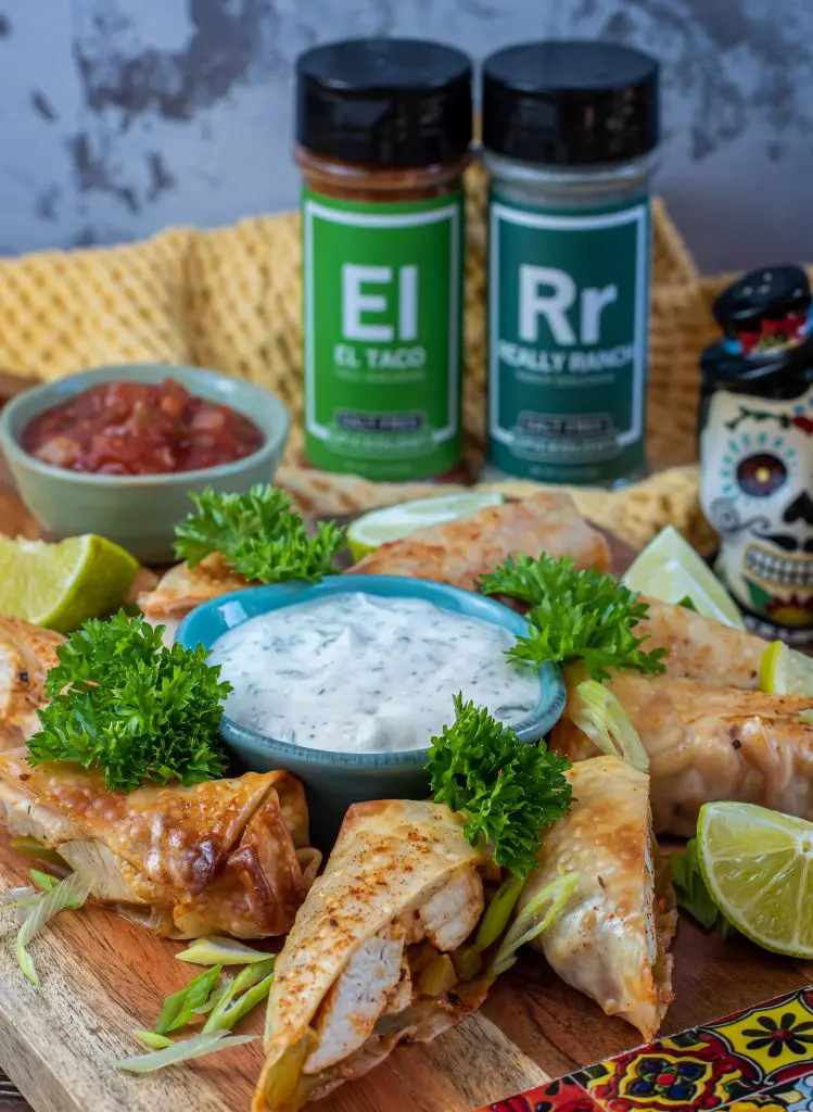 air fried chicken fajita egg rolls with ranch and salsa