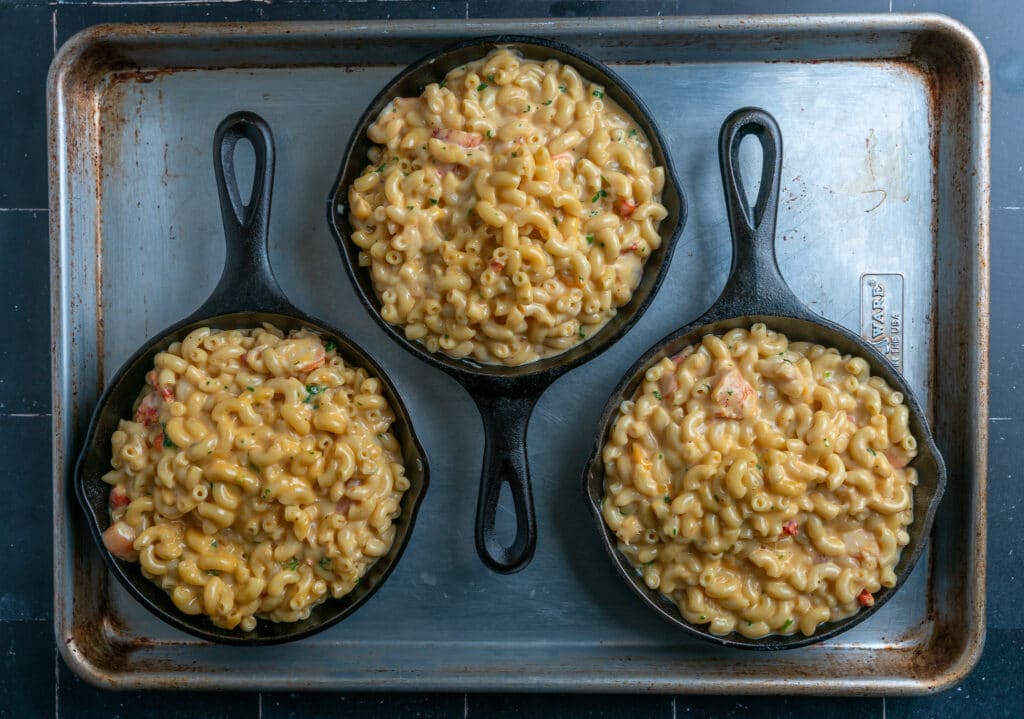 seafood Mac and cheese served in cast iron skillets