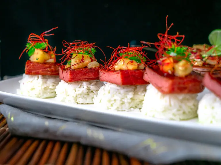 smoked spam with pineapple salsa recipe served over rice