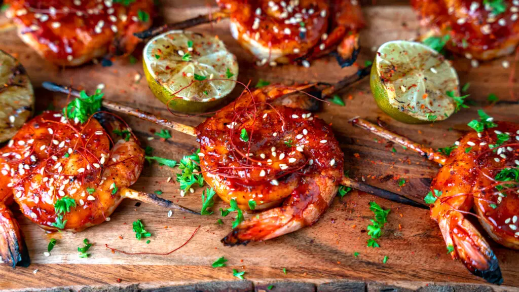 Grilled Shrimp Skewers with charred lime and hoisin bbq sauce
