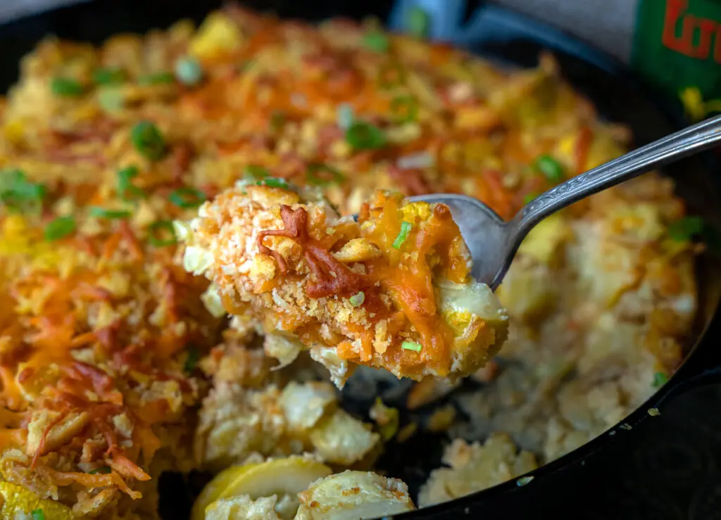 southern squash recipe in a cast iron skillet