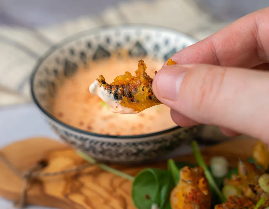 dipping a cicada in sriracha aioli