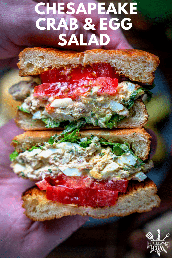 crab & egg salad sandwich cut in half