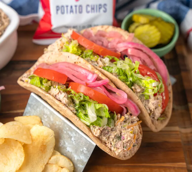 smoked chicken salad recipe served on pita with pickled onions