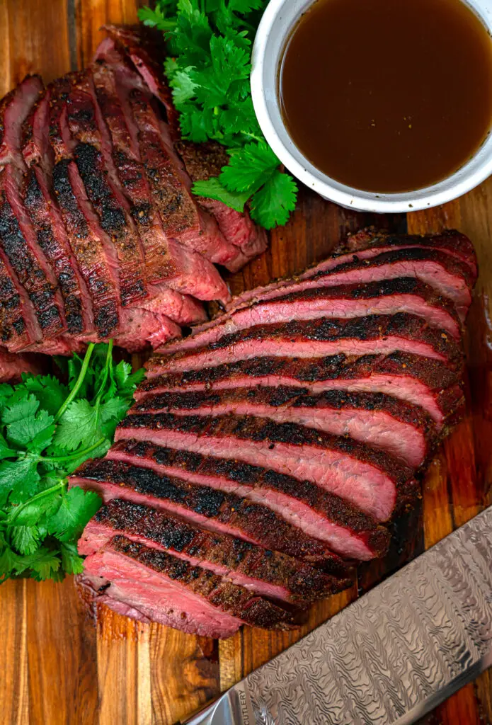 sliced beef Tri Tip with smoked au jus