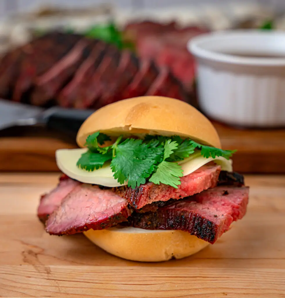 smoked Tri Tip sliders with cilantro and provolone