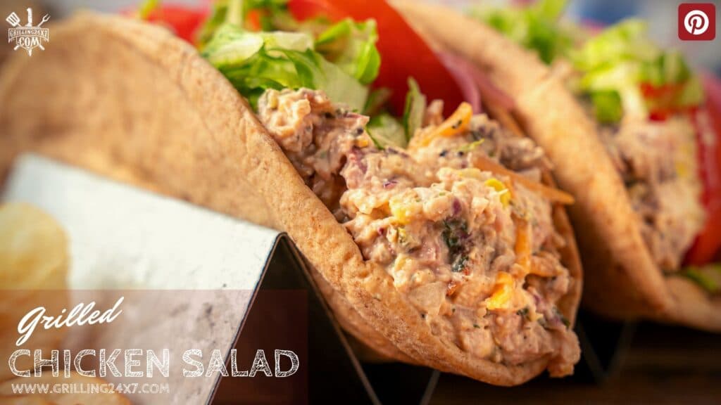 smoked chicken salad recipe served on pita with pickled onions