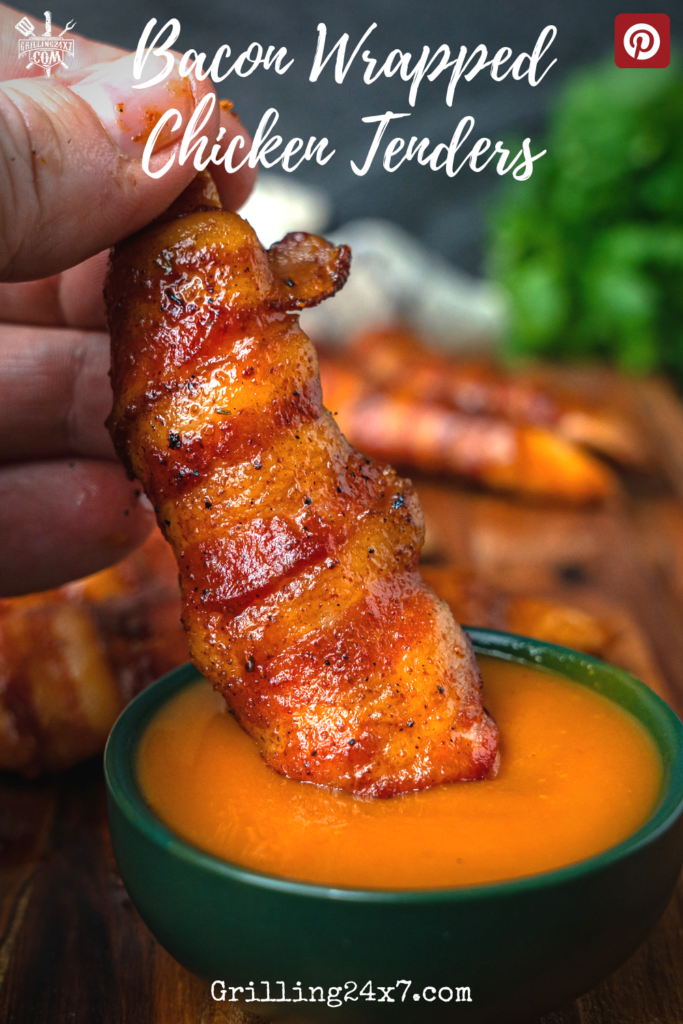 dipping bacon wrapped chicken tender into gold mustard bbq sauce