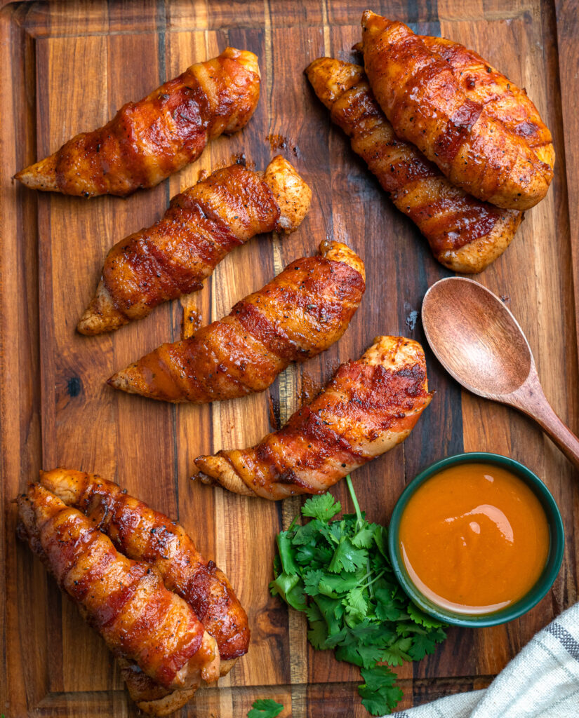 overhead of cooked bacon wrapped chicken