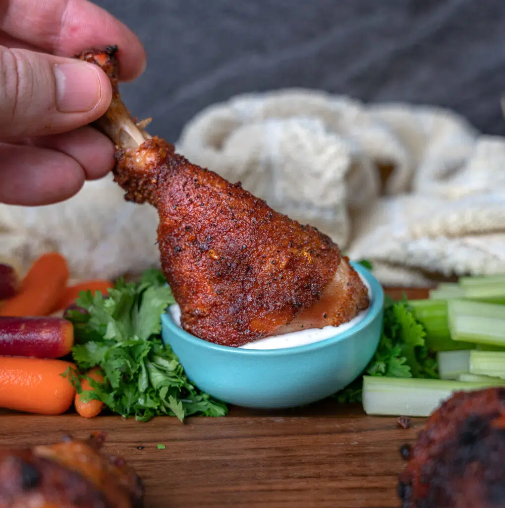 dipping smoked chicken legs in ranch dressing