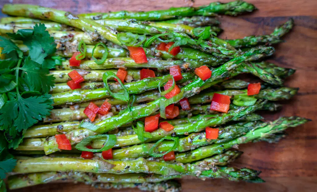 grilled asparagus with diced red bell peppers