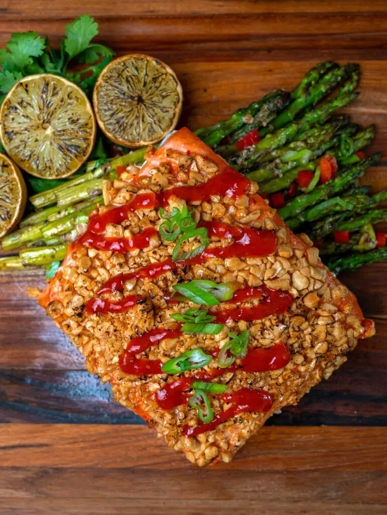 peanut crusted salmon with charred limes and asparagus