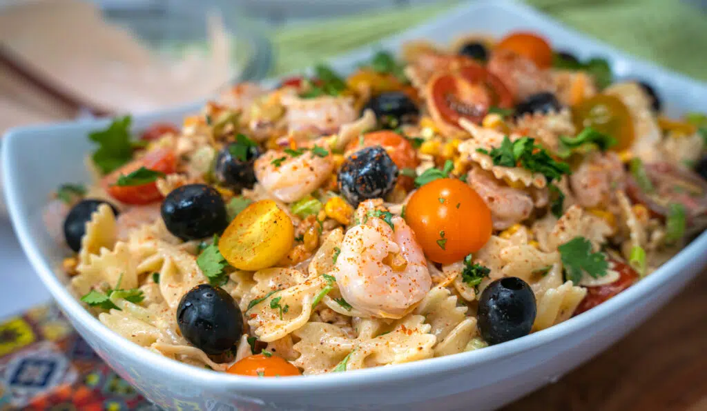 side view of the southwest pasta salad with shrimp
