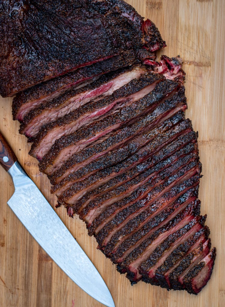 Sliced whole brisket smoked on the pellet grill