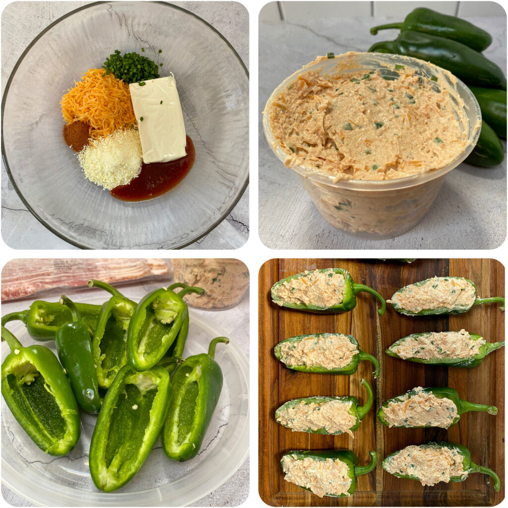 four pics showing step by step instructions on how to prep the stuffed jalapeños