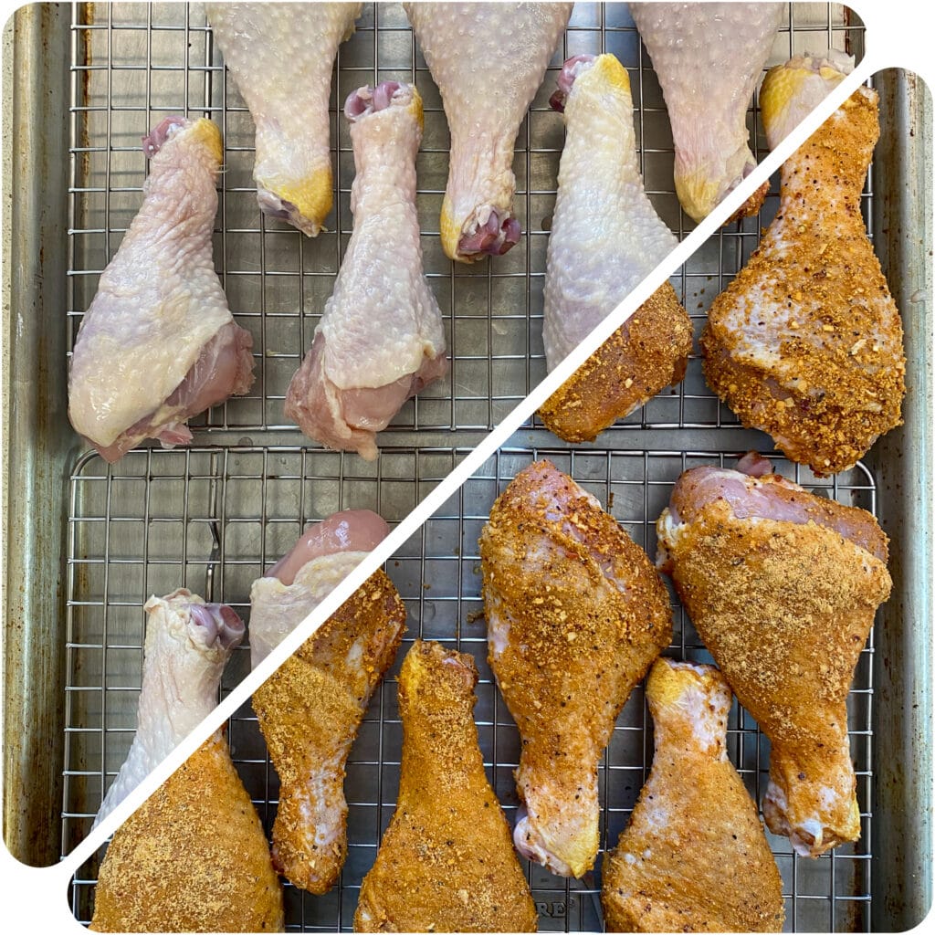 raw chicken legs seasoned with dry rub