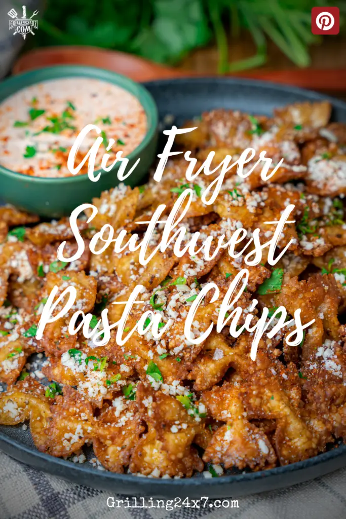 crispy southwest pasta chips topped with cilantro and cotija cheese